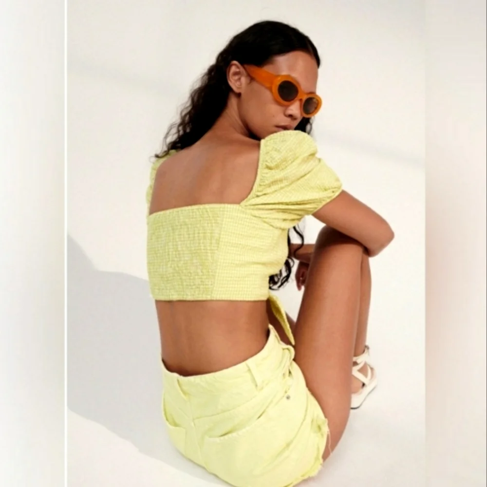 💕 Zara NEW Lime Yellow Gingham Plaid Crop Bubble Sleeves Checkered Knot Zipper - Picture 11 of 15